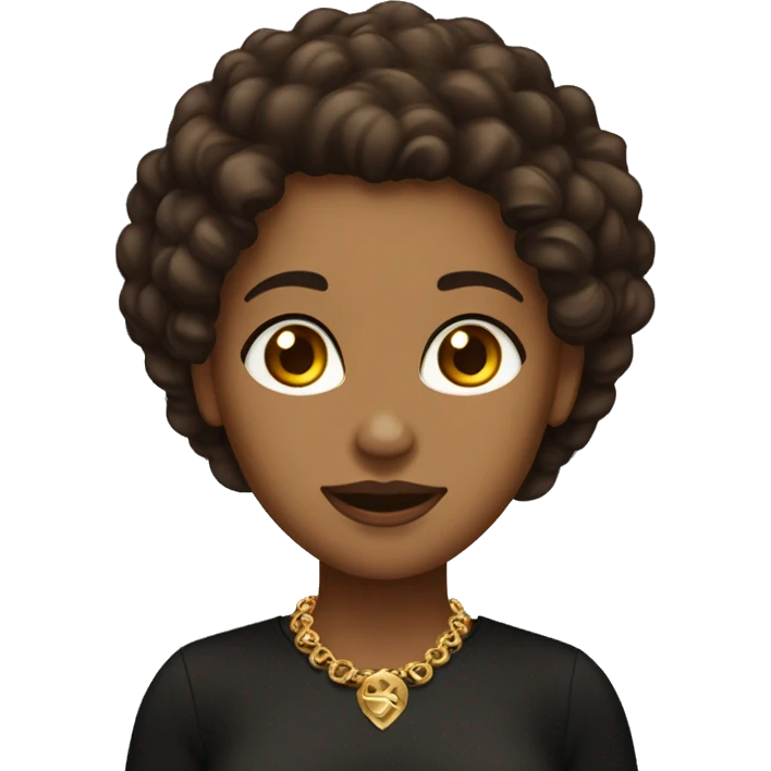 Female with curly chocolate hair, mahogany eyes and olive skin. She’s wear a black shirt with jewelry gold. emoji