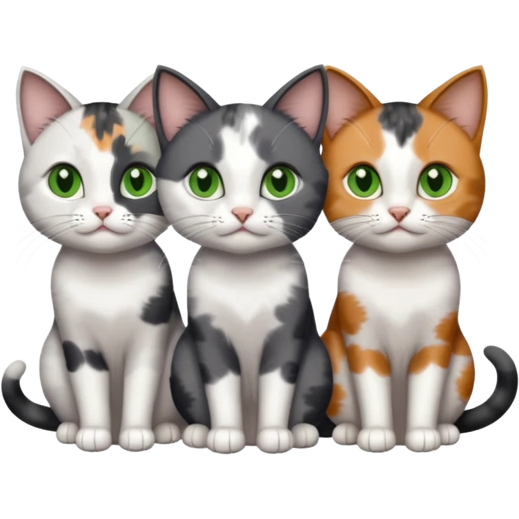 3 different coloured small cats including a dark grey and white, and a patchy calico with hazel eyes and a completely solid dark grey with green eyes and only white paws emoji