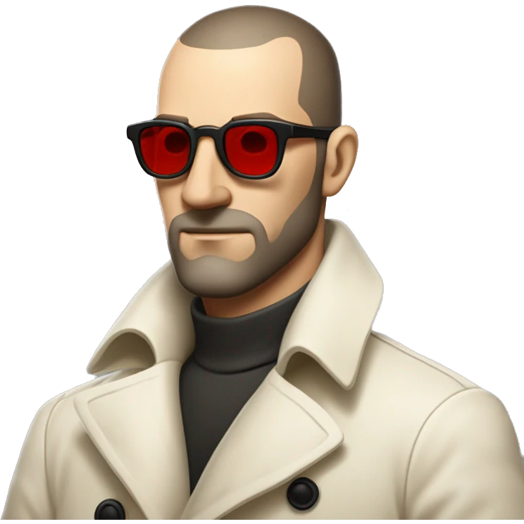 <excerpt>
A 1930s white man with real buzz cut Black hair, beard stubble donning small red tinted sun glasses in a dirty white trench coat, is serious.
</excerpt> emoji