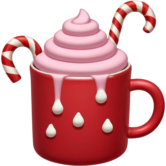 hot chocolete with pastel pink marshmallows in red christmas mug and candy cane emoji