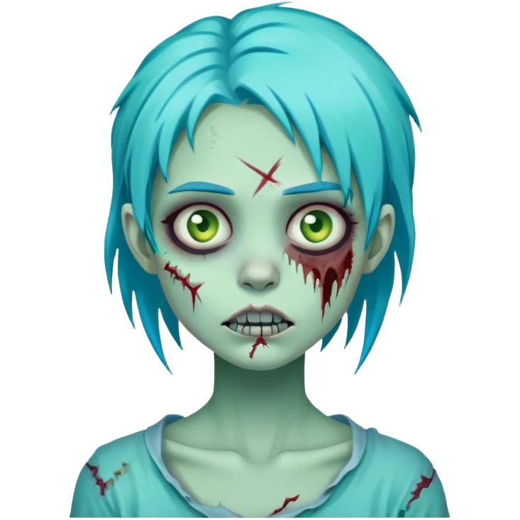 zombie girl with turquoise blue hair, pale green skin, stitches on face, cartoonish undead appearance emoji