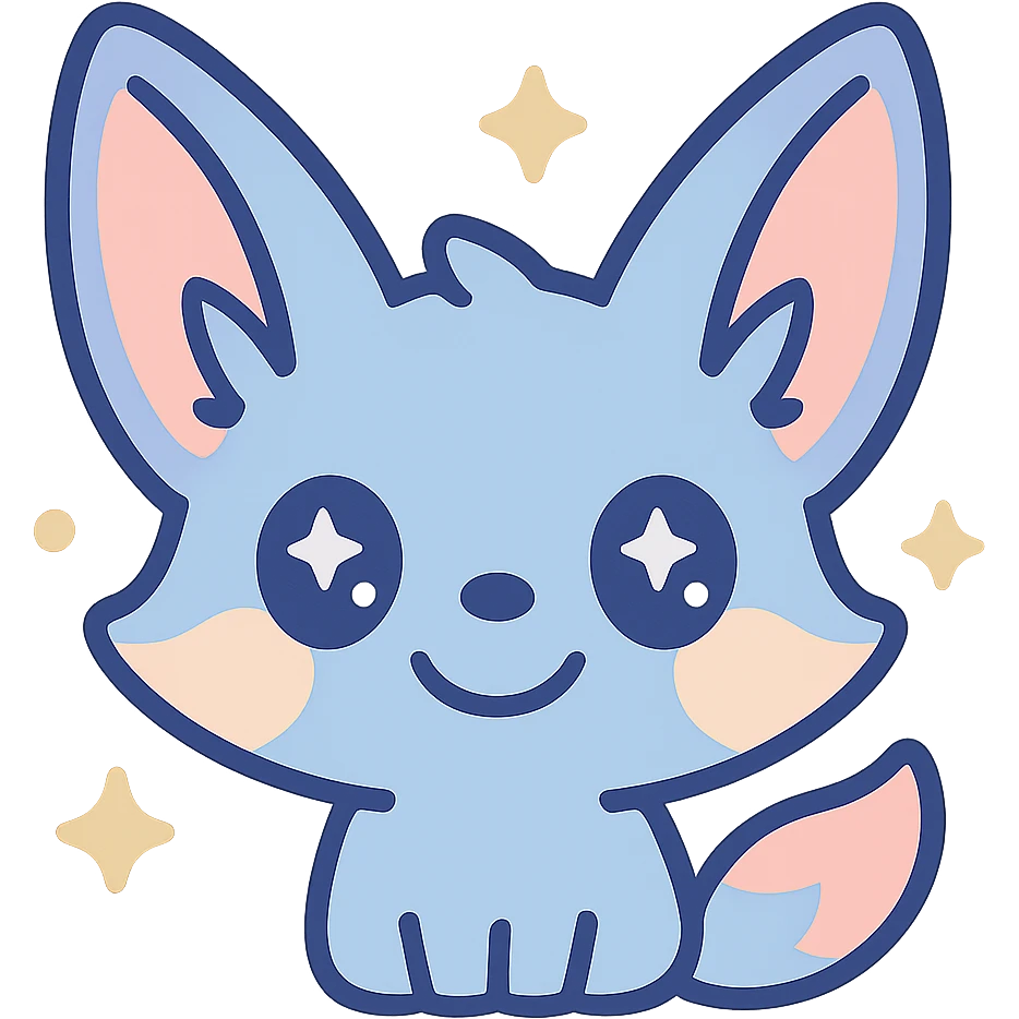 Transformer cette illustration de fennec magique kawaii en emoji expressif, style kawaii, fond transparent, garder les couleurs pastel et les accents féeriques. emoji