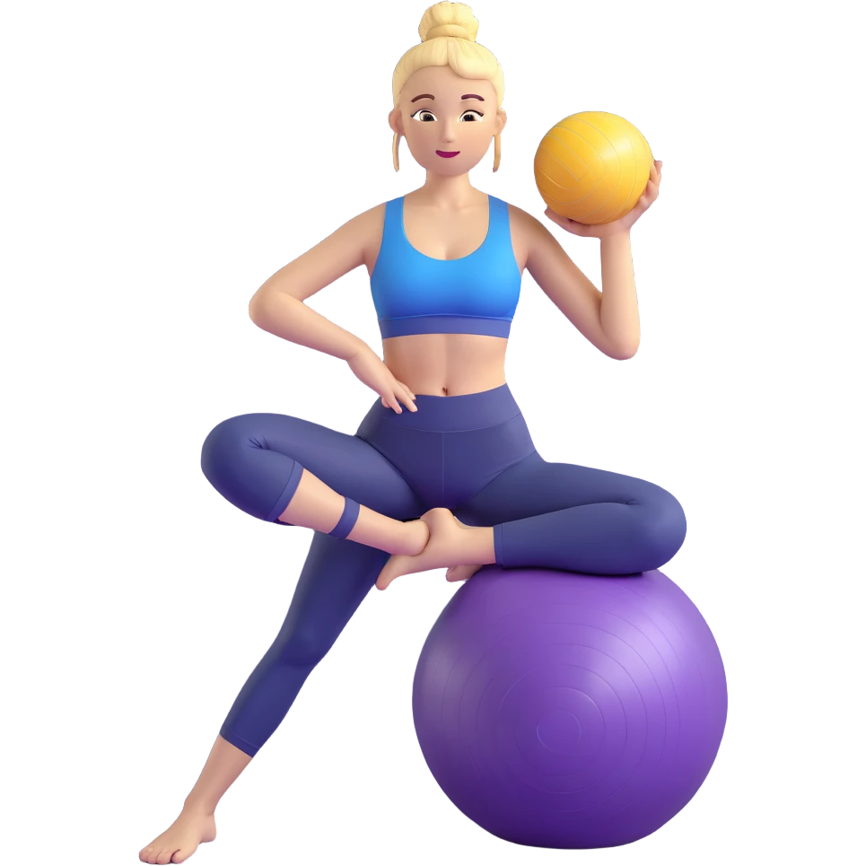 Yellow-skinned girl with high ponytail wearing blue sports bra and navy yoga pants doing yoga with a large exercise ball emoji