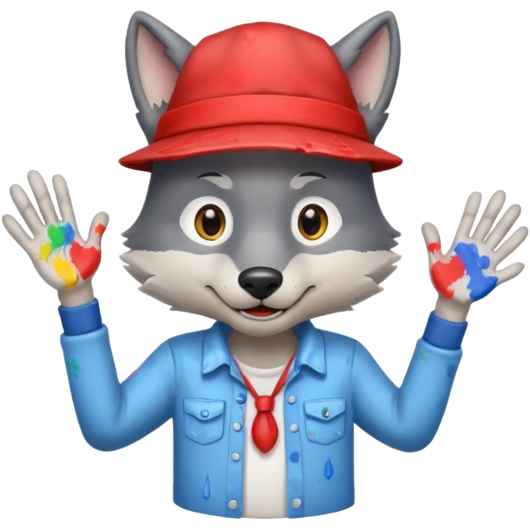 Wolf cartoon shaking hand wering hat and paint shirt  emoji