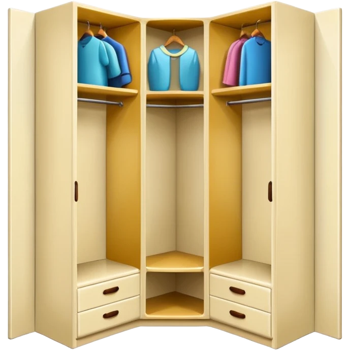 Glossy cream PVC corner closet with L-shaped design, fitted into emoji