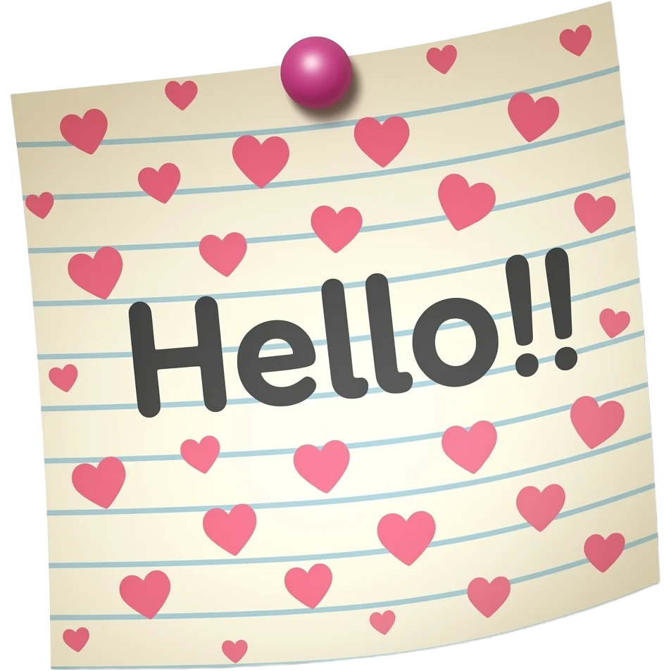 Sticky note that says "Hello!!" with many, tiny hearts in transparent emoji