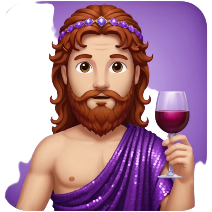 Liber, God of Wine from Roman Deities with long reddish brown wavy hair and beard, purple sequin toga  emoji