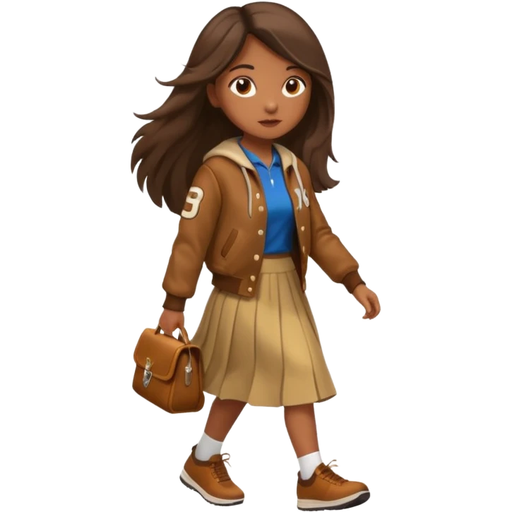 black color long hair girl with brown varsity jacket and long skirt walking  emoji