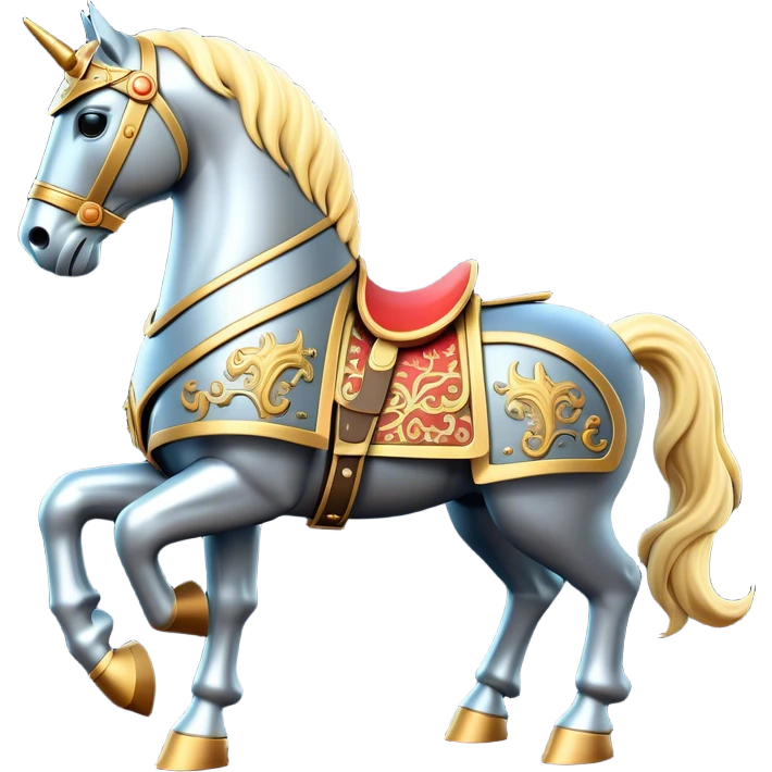 Clash of Clans aesthetic: Cinematic Playful Armored Horse Emoji, rendered in a 3D vector-style similar to standard emojis with minimal shading and bold, simplified shapes. A compact, isometric warhorse outfitted in intricately detailed armor with noble accents, softly glowing with a gallant medieval carriage charm. Simplified yet unmistakably iconic, highly detailed and consistent, glowing with a soft radiant shine and high polish. Stylized with a touch of heroic elegance and a soft glowing outline, capturing the essence of a noble steed ready for battle with a friendly, playful air! emoji