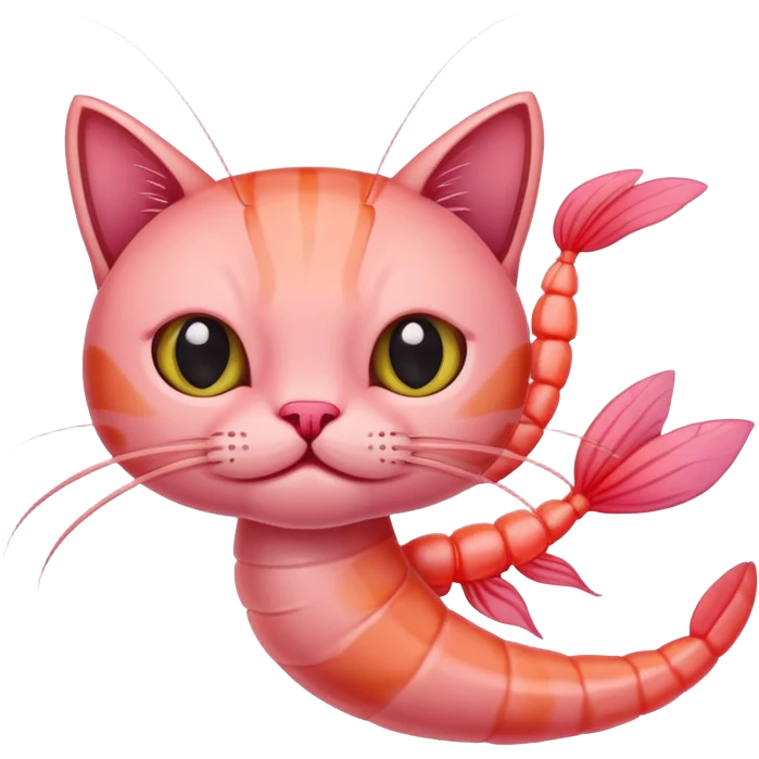 A pink shrimp with a cat's head, shrimp body and tail with cat face emoji