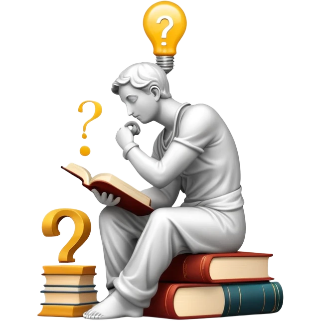 An icon featuring a thinker statue, a scroll, and a question mark, symbolizing philosophy. The design includes books, a lightbulb, and abstract symbols representing deep thought and wisdom. Transparent background highlights the study of ideas, logic, and existential questions emoji