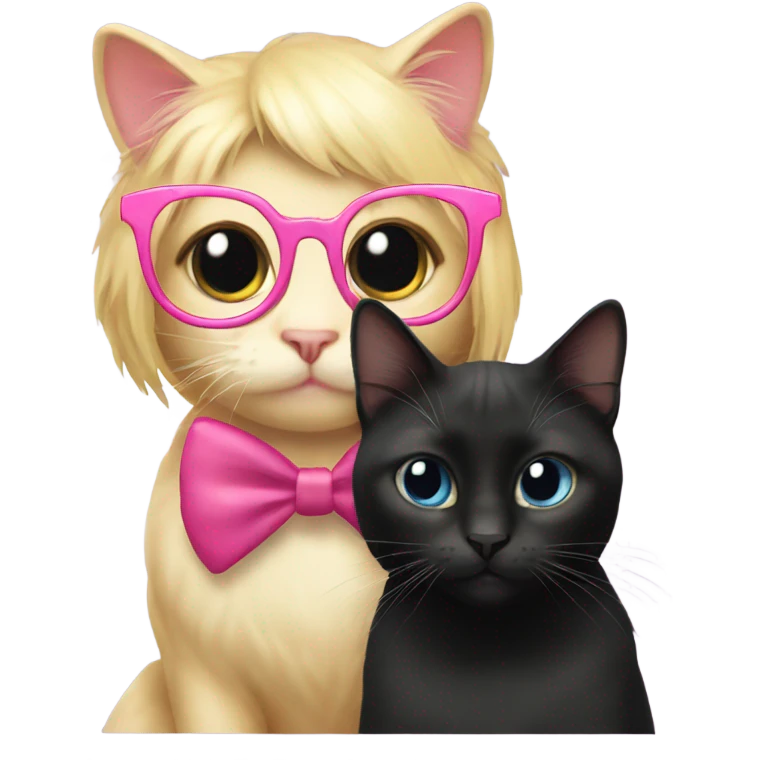 blonde cat with glasses kissing short black cat that has a pink bow on her head  emoji