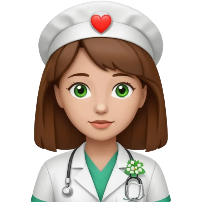 Brown hair Nurse with green heart and Gypsophila surround her head emoji