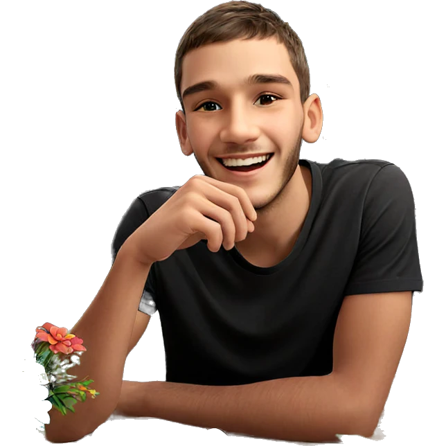 smiling boy with flowers indoors emoji