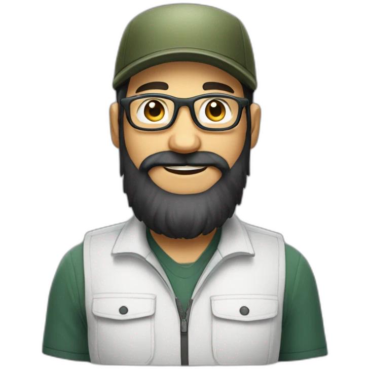 full body of an happy gardener face long dark beard and short dark hair with little transparent glasses and a army cap emoji