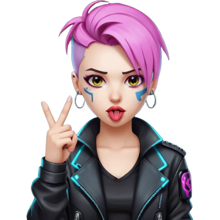 Woman with her tongue out in cyberpunk clothing and giving the middle finger. Looking naughty. emoji