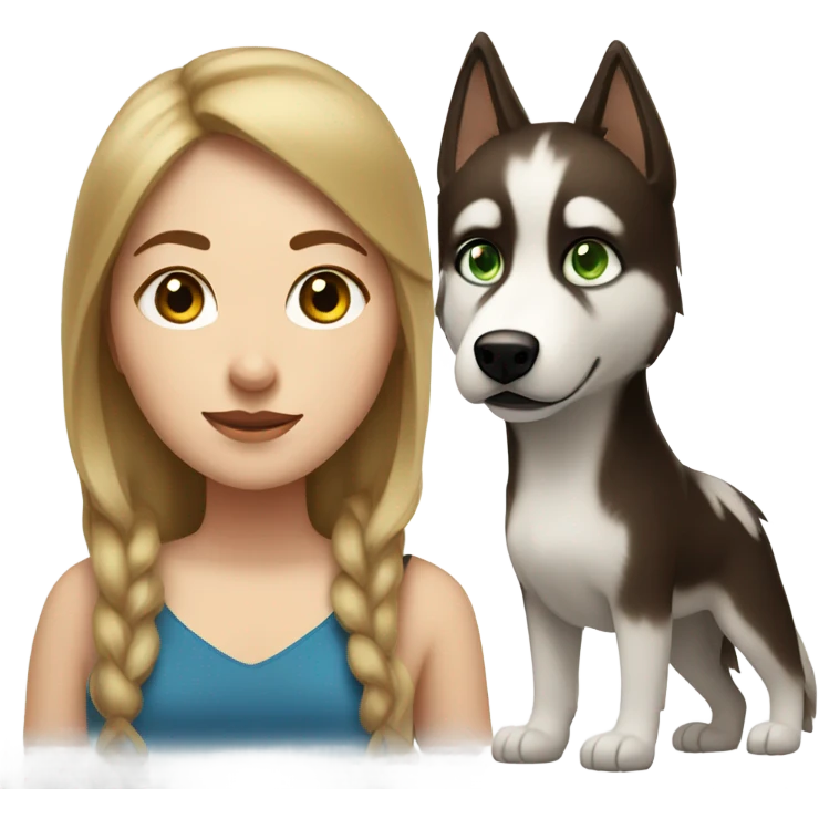 White Woman hair brown and bleus eyes and golden Husky With green eyes emoji