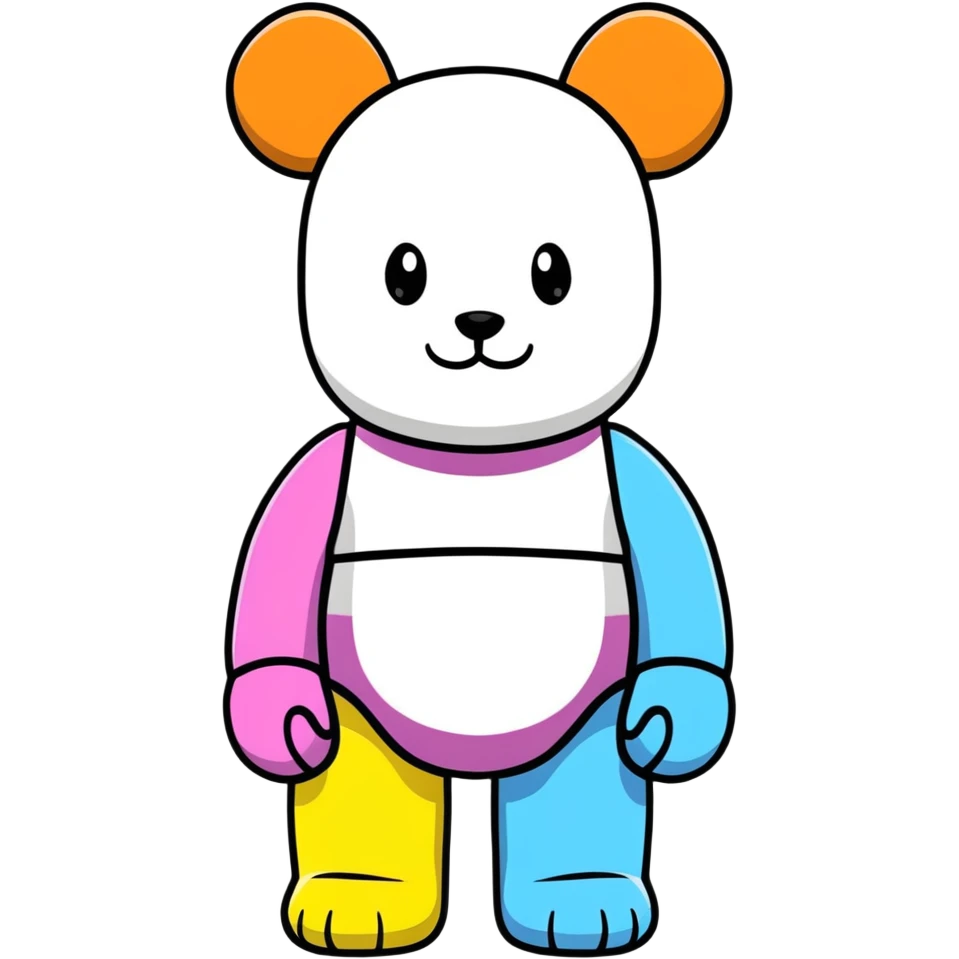 Bearbrick figure with KAWS style but with a cute happy smile, colorful bear-shaped collectible toy with articulated limbs emoji