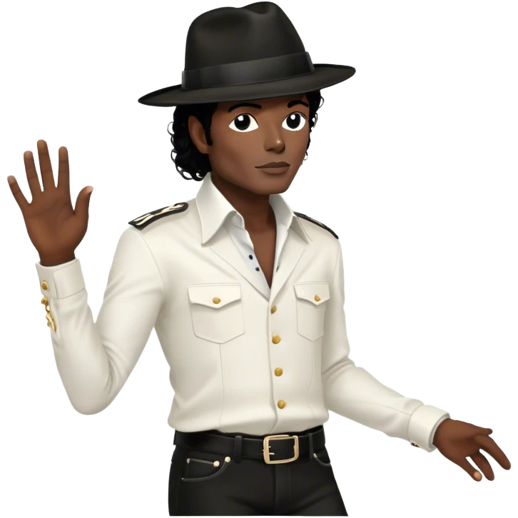 Icon for R&B Music: Michael Jackson in his iconic pose at the end of a song, head tilted, holding his black fedora with one hand. He stands in profile, embodying the smooth and soulful energy of R&B. Musical notes surround him. Transparent background. emoji