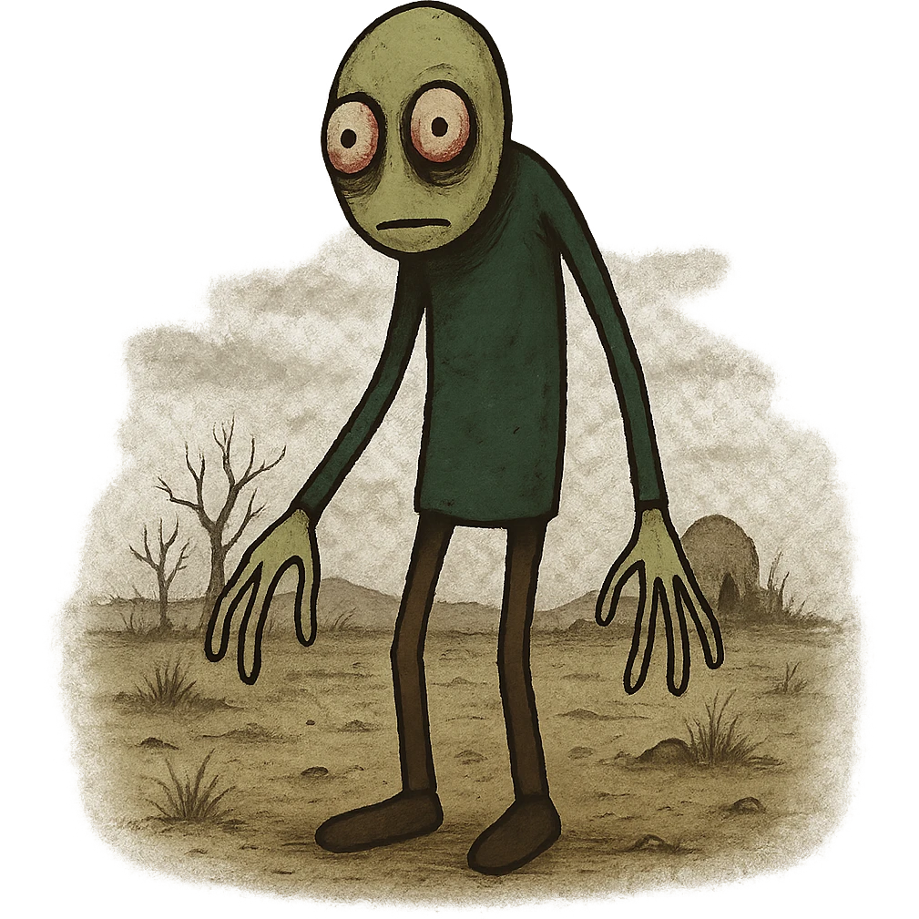 Salad Fingers character, standing in a desolate landscape, odd proportions, unsettling vibe emoji