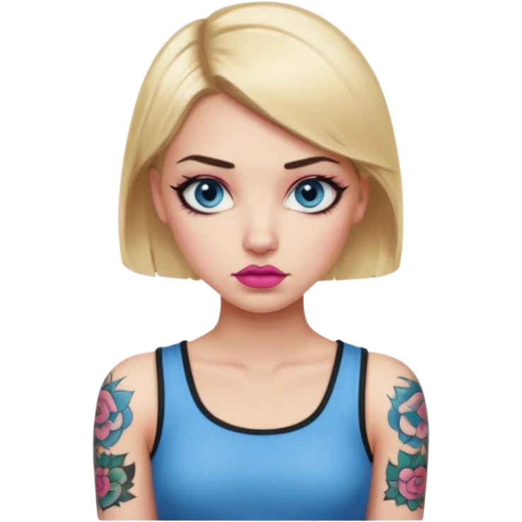 Woman, Blonde blunt hair, blue eyes with dark lashes, pink lips, tattoo on arm, disapproving look emoji