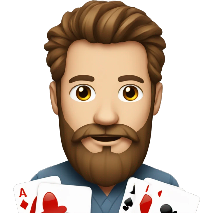 poker player with poker cards, brown hair and a full beard emoji