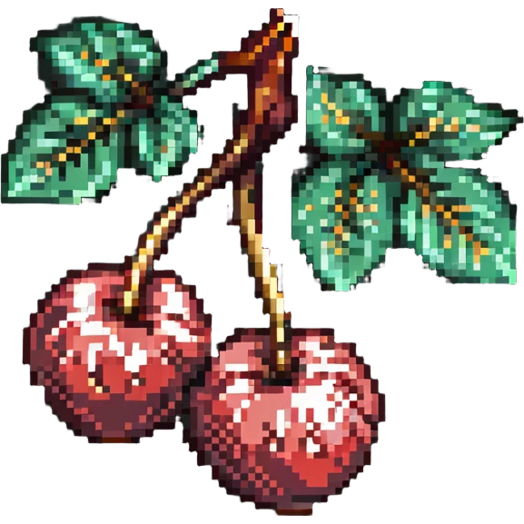 Two cherries with golden stems connected, paired with dark green leaves emoji