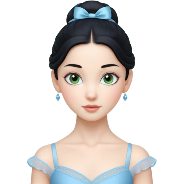 Cinematic Realistic ballerina Medium Blue Portrait, depicted with lifelike skin texture, subtle rosy undertones, and soft natural lighting that enhances the gentle contours of her face. Her intricately detailed sweet black hair is elegantly styled, green eyes emoji