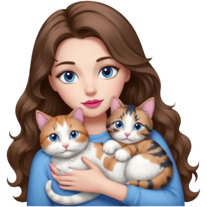 girl with long wavy brown hair, blue eyes, long lashes makeup, sexy pink lips, cuddling with 6 cats emoji