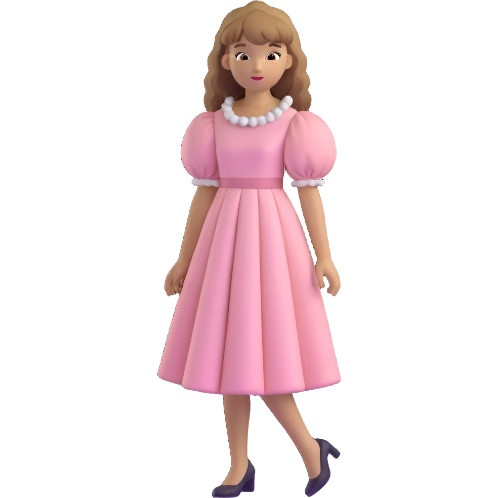 white or light brown girl with bangs, long light brown hair with curly blonde highlights, wearing a pastel pink dress with puff sleeves emoji
