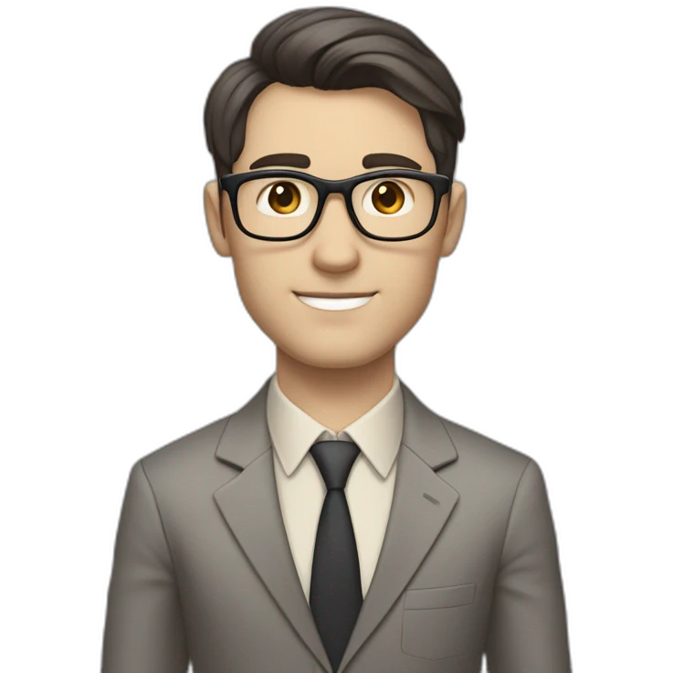 Full height Pale skinned Fit Man With dark brown hair in classic gray suit, beige office shirt, dark gray tie, and vintage glasses. His right hand is directed up emoji