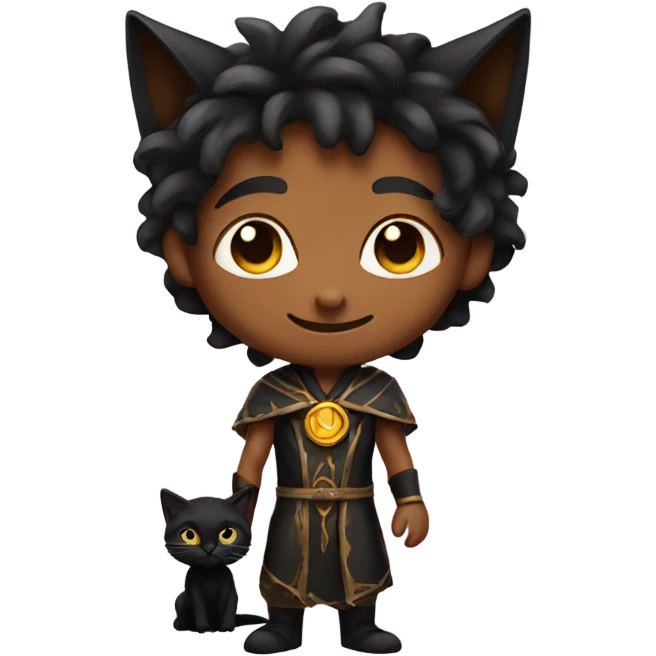 A sun warlock who has tan skin and is holding a black kitten emoji