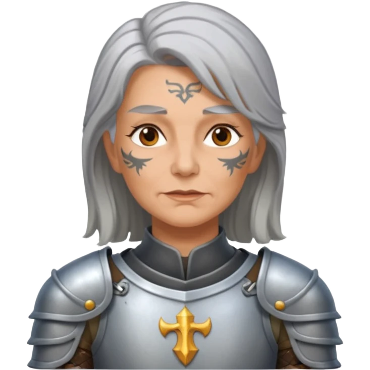 elderly tattooed knight, tattooed shoulder, long hair, female emoji