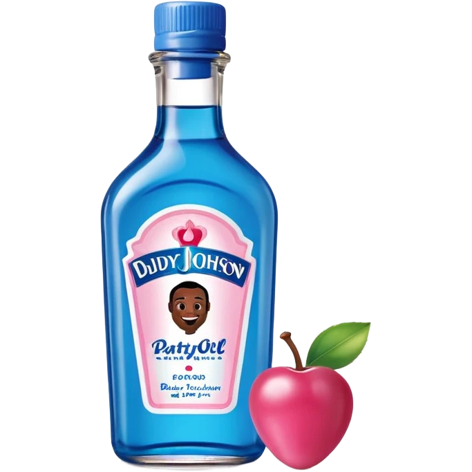 bottle of oil blue top pink outside with logo that says Diddy Party oil Johnson and Johnson  brand with a smiling berry on top emoji