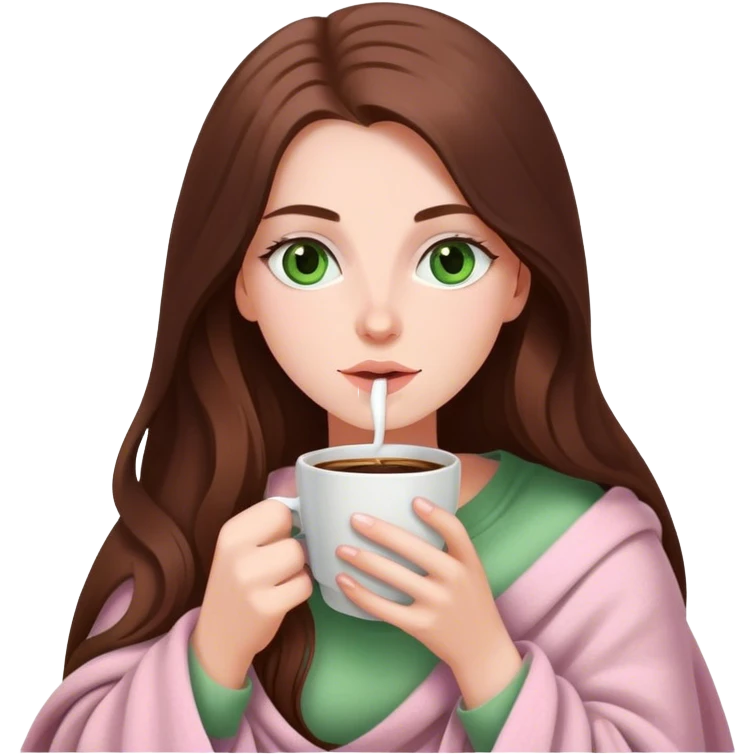 A pretty white girl with very long brown hair and green eyes in a light pink blanket sipping coffee emoji
