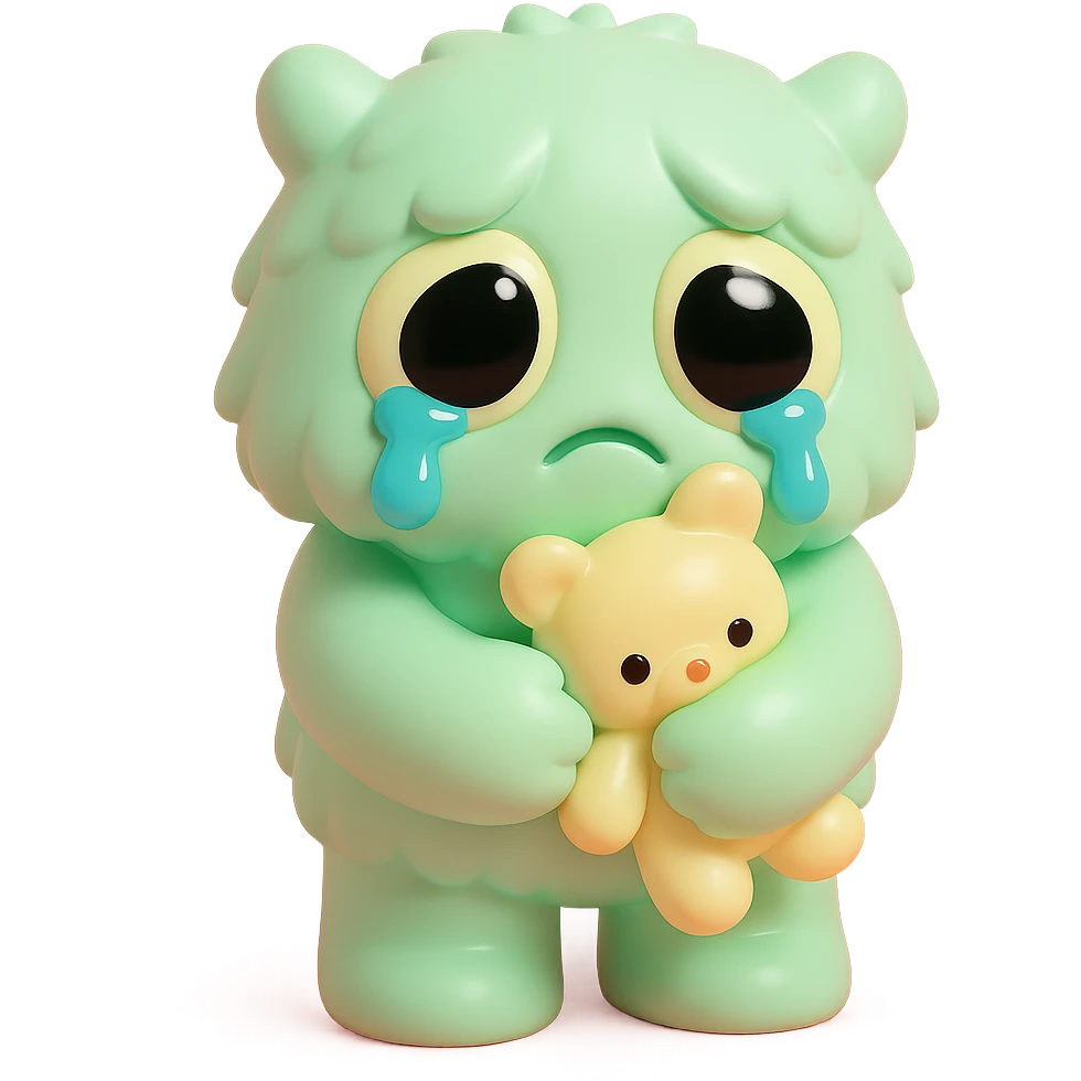 fluffy monster with oversized eyes, tears falling, comforting itself with a plush toy, gentle colors, vinyl figure style emoji