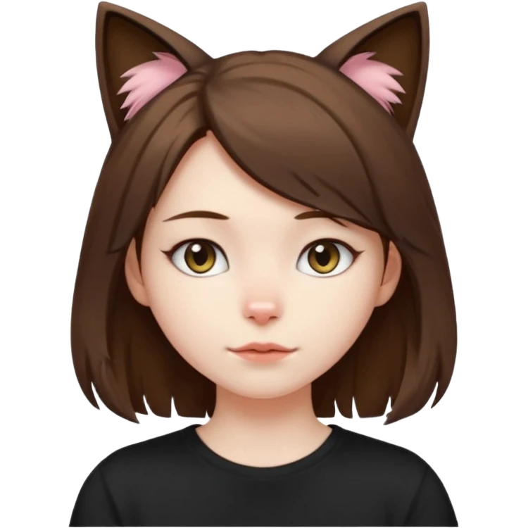 a girl with pale skin, shoulder lengh brown hair with lots of dandruff , cat ears and a tail, with a black t-shirt on emoji