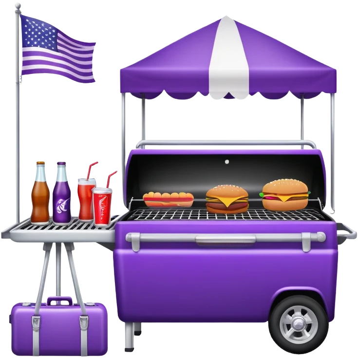 Purple tailgate setup with grill, flag, and soda emoji