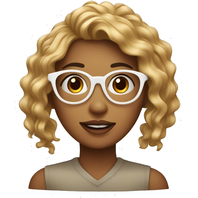 Mujer adolescente con cabello café rizado y lentes emoji