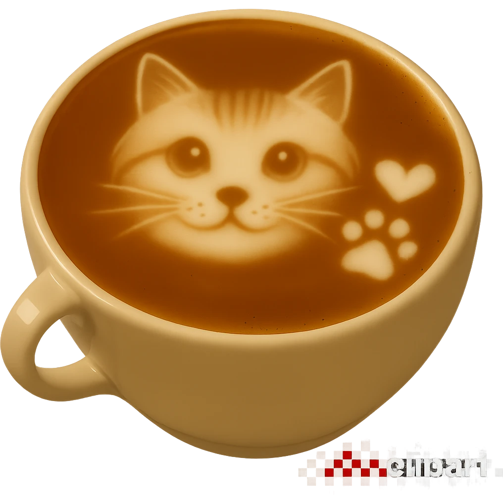 Add a small heart latte art next to the paw print and cat face on the latte. Keep realistic texture and gentle lighting. No background. Maintain the realistic latte art style as in the reference image. emoji