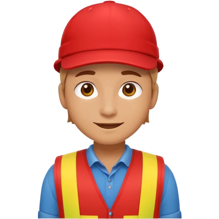 friendly emoji-style character representing a store associate wearing a red vest and a simple red cap, soft smile, neutral stance, flat vector style, front-facing, clean and minimal, no text or logos emoji