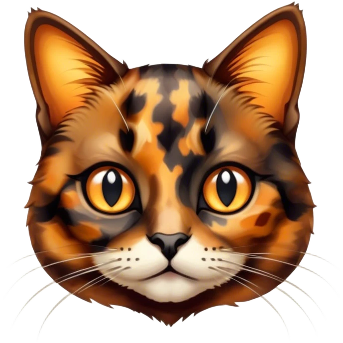 Cinematic Cute Tortoiseshell Cat Portrait Emoji, Head cocked sweetly with bright, curious eyes and a cuddly, mottled fur of rich browns and blacks, simplified yet charmingly adorable, highly detailed, glowing with a warm, gentle radiance, high shine, playful and endearing, styled with a dash of whimsical feline magic, soft glowing outline, capturing the essence of a cute tortoiseshell cat that seems ready to pounce with affectionate mischief! emoji