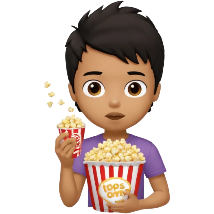 generate a pretty tan bratz boy with a brown tshirt on. eating a popcorn. messy black hair emoji