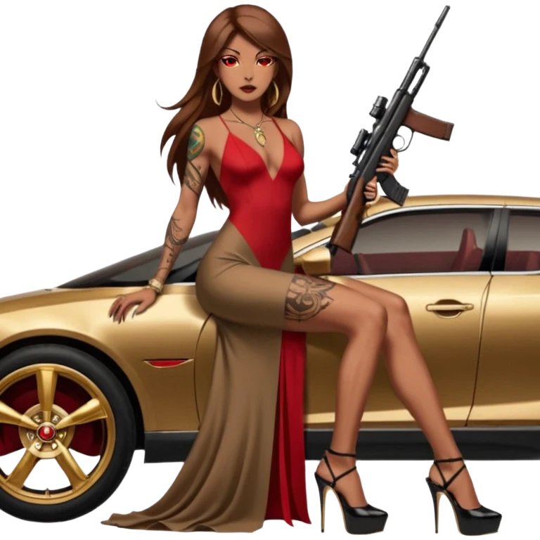 Lilith tan skinfemale red eyes symbol. Tattoo arms. Her hair is brown straight long hair.wearing sexy long elegant dress with slit. black stiletto thick platform high heels shoes on. Sitting on gold giant luxury car with cash inside . She is holding a sniper rifle in one hand cash in other hand emoji