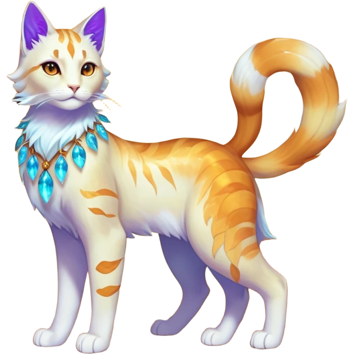 This fascinating hybrid creature combines the crystalline structure of a feline with the warm autumn foliage of a leaf being. Its core body maintains the sleek shape of a cat but is composed of translucent crystals that shift between turquoise blue and amber-orange hues. The creature's face features a blend of feline features with the gentle expression of the leaf being – sharp crystalline ears frame a round, friendly face with glowing purple-amber eyes. Most striking is how autumn leaves emerge from its crystalline body, forming a mane-like collar around its neck and sprouting along its spine and tail. These leaves shimmer with both crystalline properties and natural autumn colors – orange, gold, and deep red – with visible veining that occasionally pulses with energy. When the creature moves, the leaves rustle softly while the crystal body catches light, creating a mesmerizing display of nature and gemstone elements. full body emoji