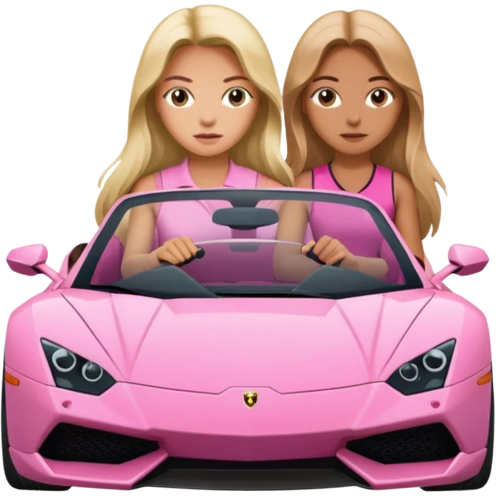 Make car far away so I can see full car Car facing forward in sports car. Make hair long  two girls in car far away Front of car sitting in the seats. Make it a pink sports car. They are two baddies make it a Lamborghini pink car  emoji