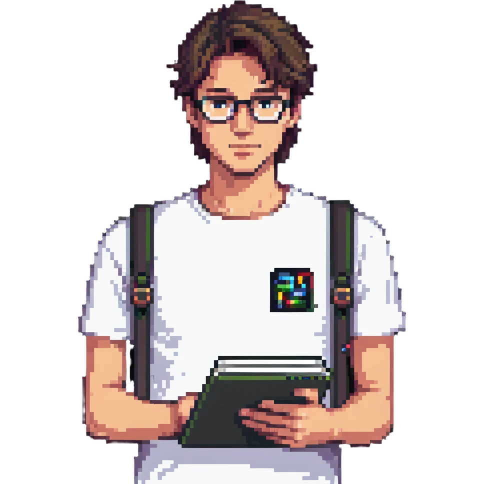 programmer wearing a white t-shirt, holding a notebook emoji