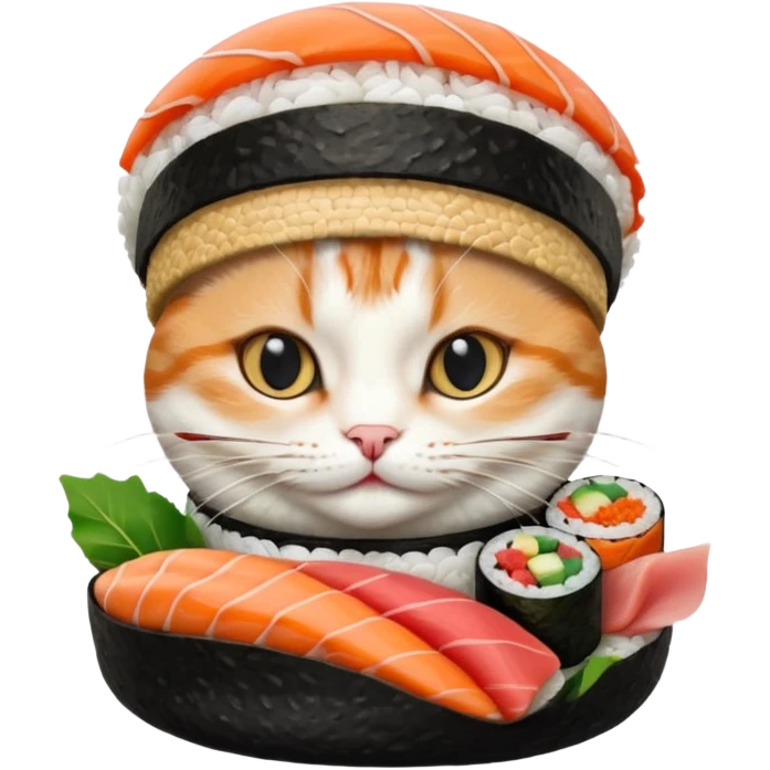 cat wearing a sushi roll as a hat, realistic sushi textures emoji