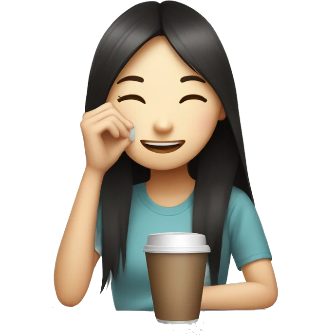 tired but smiley face asian girl and drinking big coffee emoji