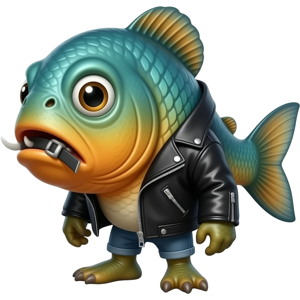 Teal and orange Piranha wearing black leatherand a gag inside his mouth emoji